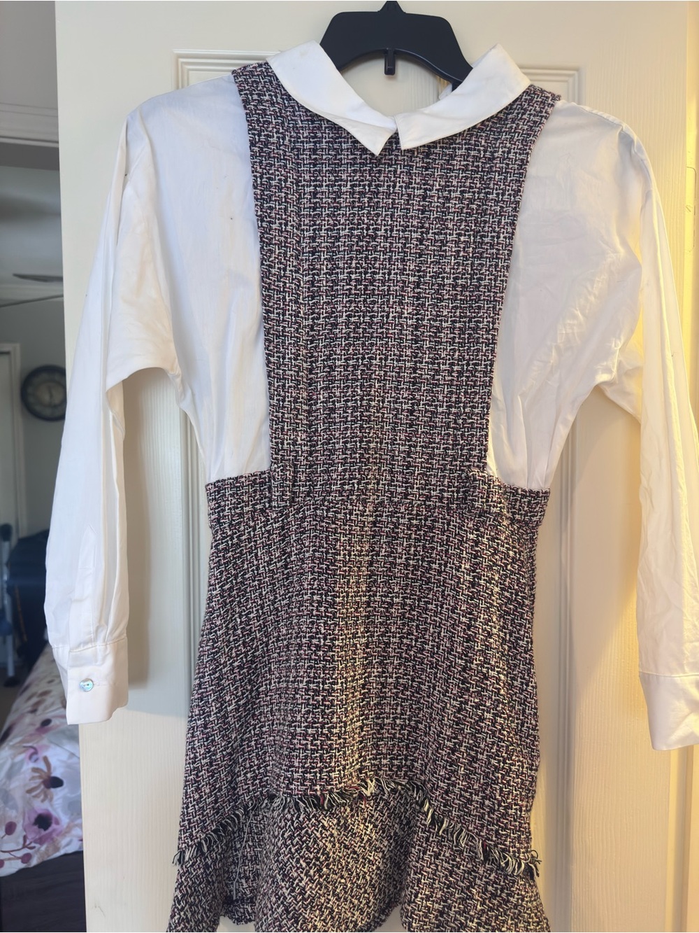 Zara White Blouse with Multicolor Tweed Pinafore